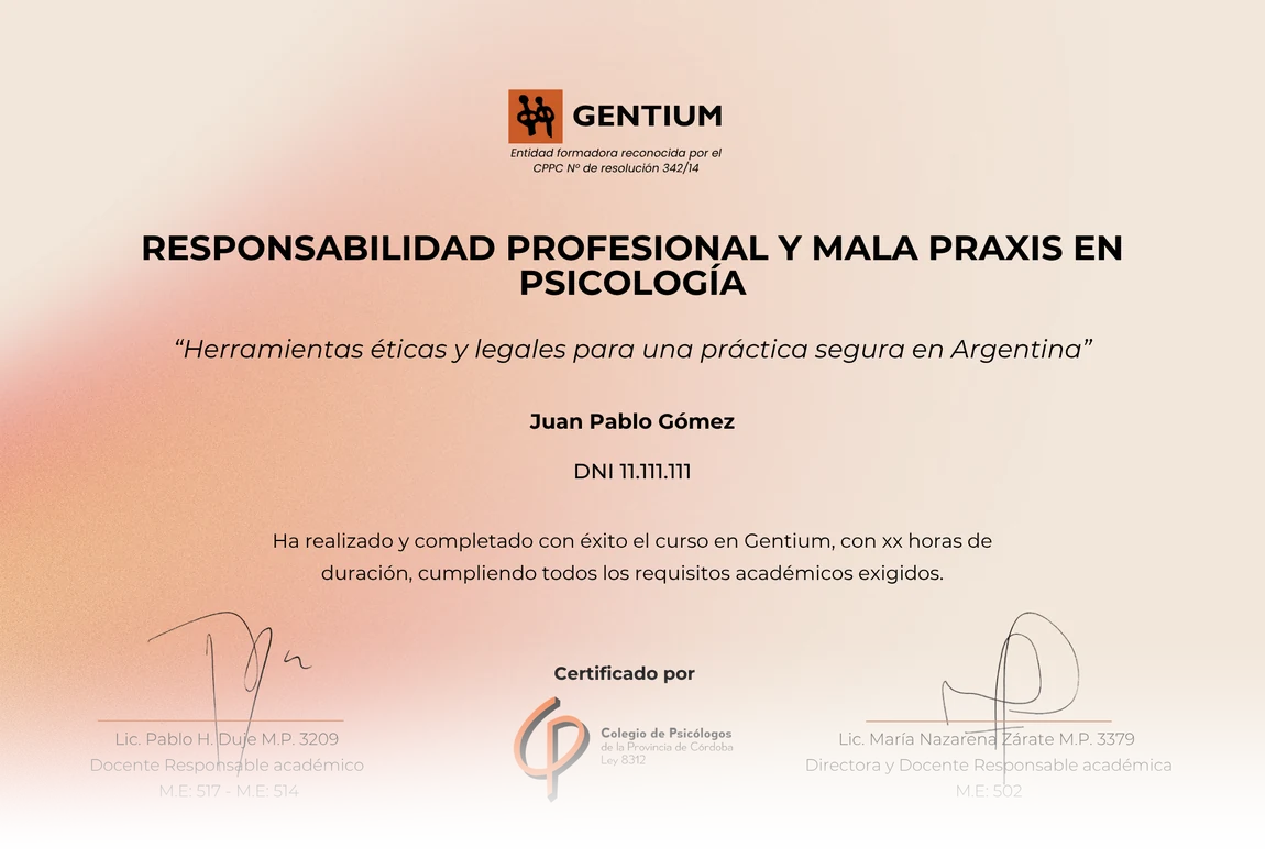 Certificado avalado por el Colegio de Psicólogos de la Provincia de Córdoba